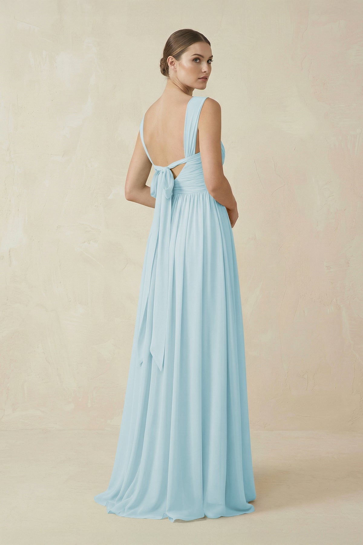 A-Line Pleated Chiffon Long Bridesmaid Dress in Sky Blue