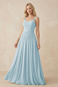 A-Line Pleated Long Chiffon Bridesmaid Dress in Sky Blue