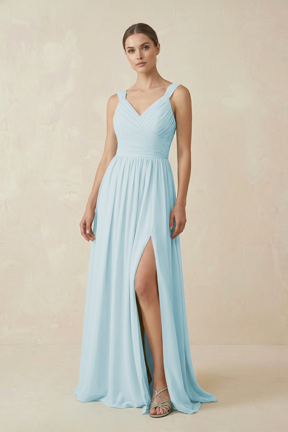 A-Line Pleated Chiffon Long Bridesmaid Dress in Sky Blue