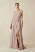 A-Line Pleated Chiffon Long Bridesmaid Dress in Toffee