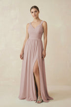 A-Line Pleated Chiffon Long Bridesmaid Dress in Toffee