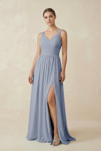 A-Line Pleated Chiffon Long Bridesmaid Dress in Twilight