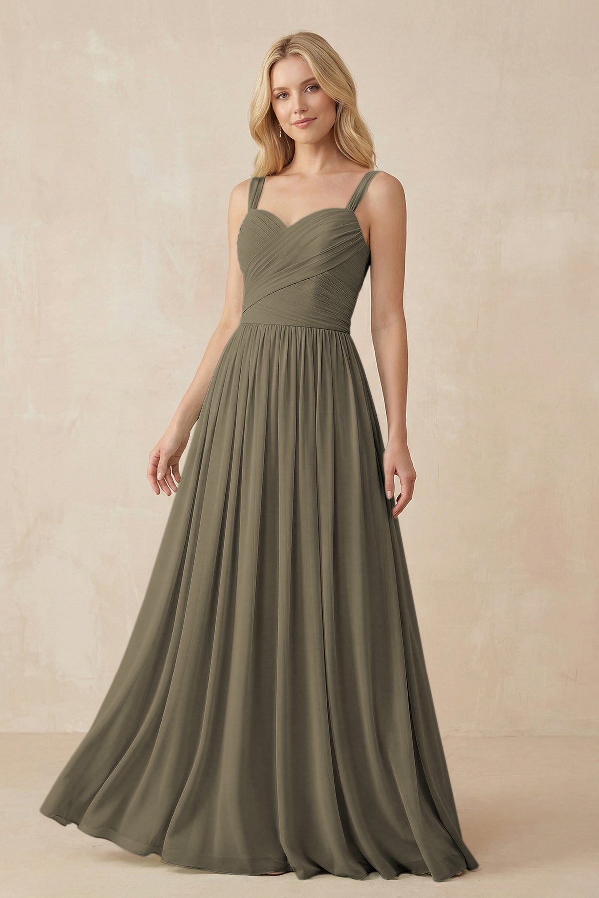 A-Line Pleated Long Chiffon Bridesmaid Dress in Willow Green