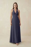 A-Line Pleated Chiffon V-Neck Bridesmaid Dress in Dusk Blue