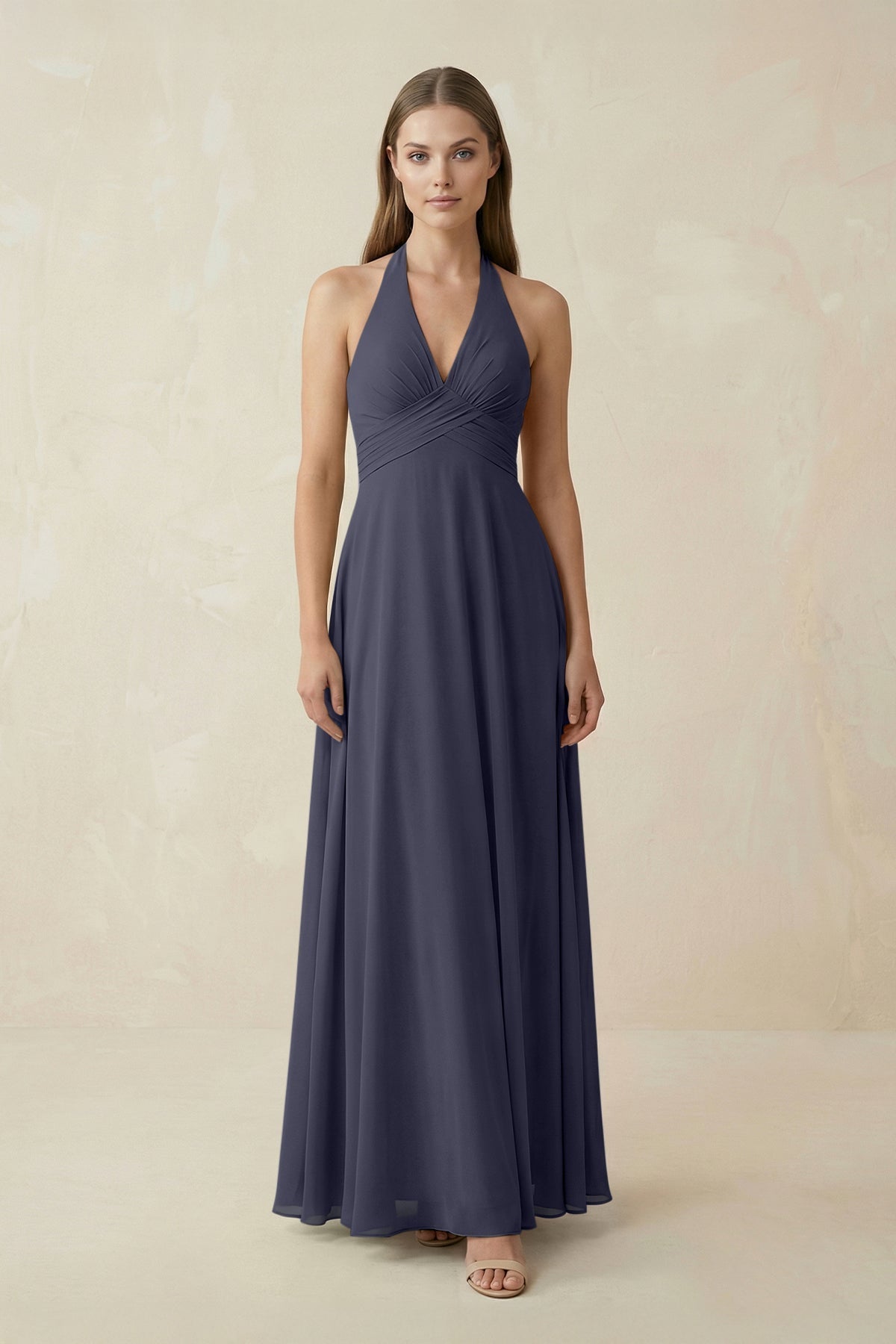 A-Line Pleated Chiffon V-Neck Bridesmaid Dress in Dusk Blue