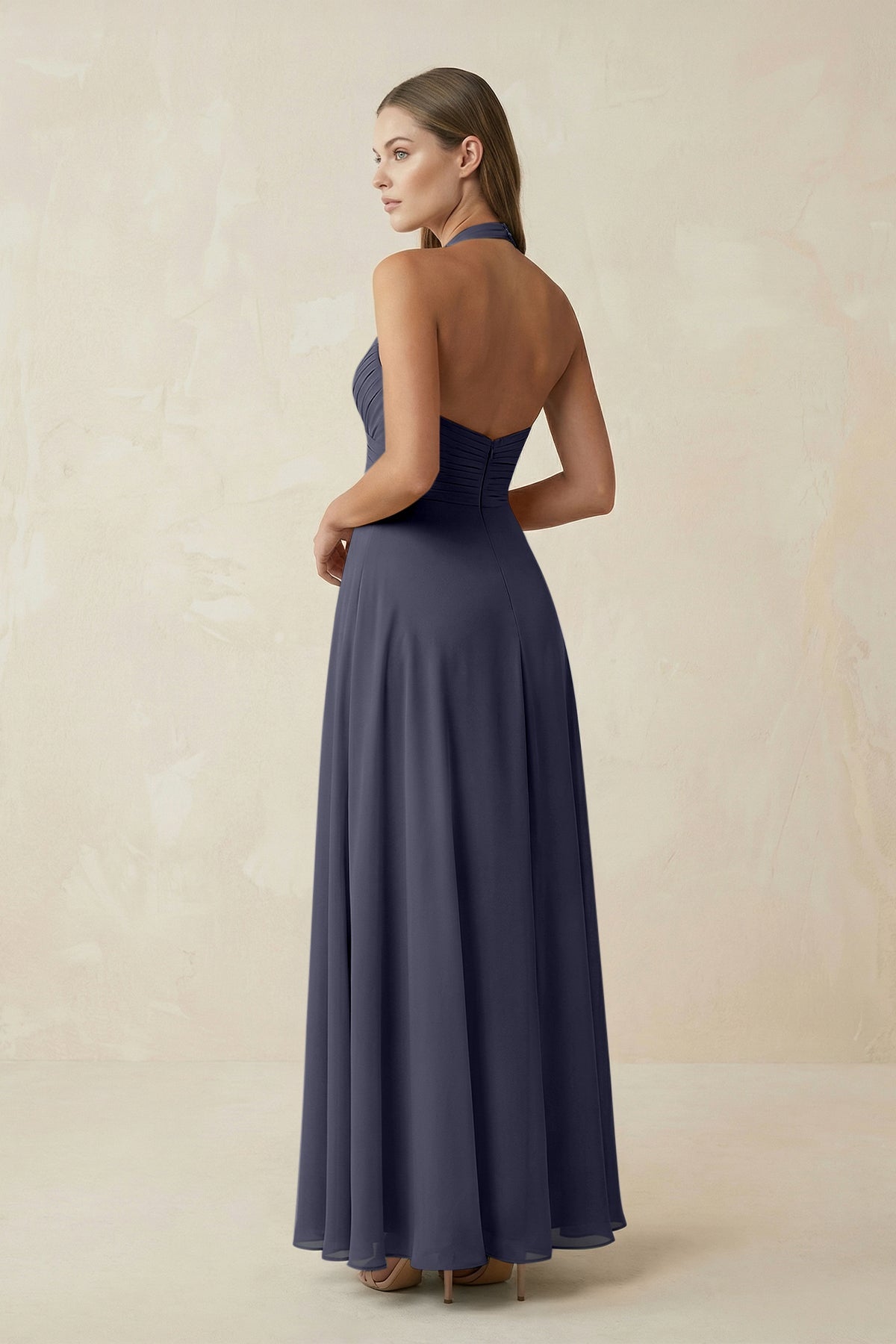 A-Line Pleated Chiffon V-Neck Bridesmaid Dress in Dusk Blue