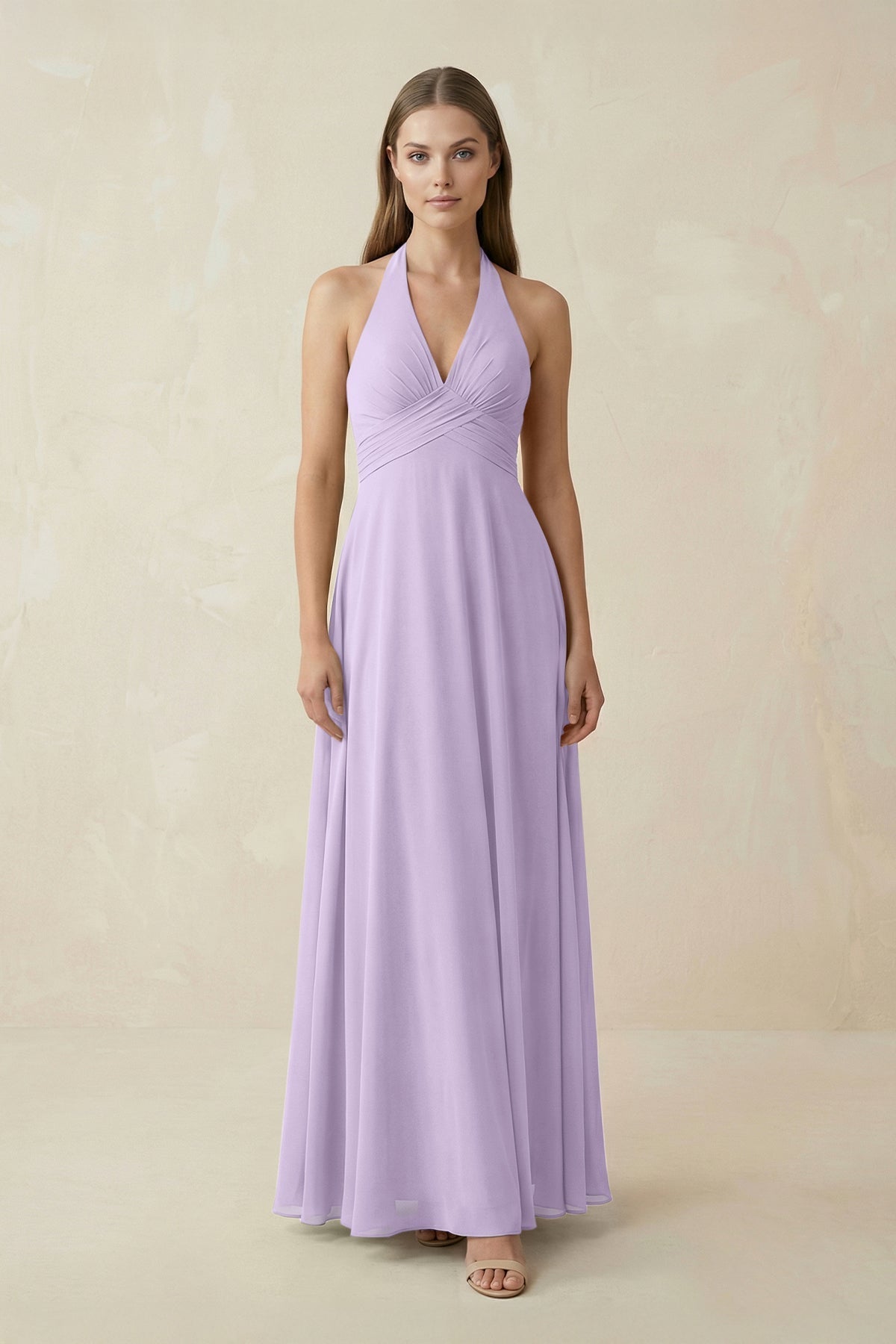 A-Line Pleated Chiffon V-Neck Bridesmaid Dress in Lavender