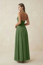 A-Line Pleated Chiffon V-Neck Bridesmaid Dress in Moss