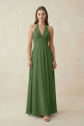 A-Line Pleated Chiffon V-Neck Bridesmaid Dress in Moss