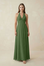A-Line Pleated Chiffon V-Neck Bridesmaid Dress in Moss
