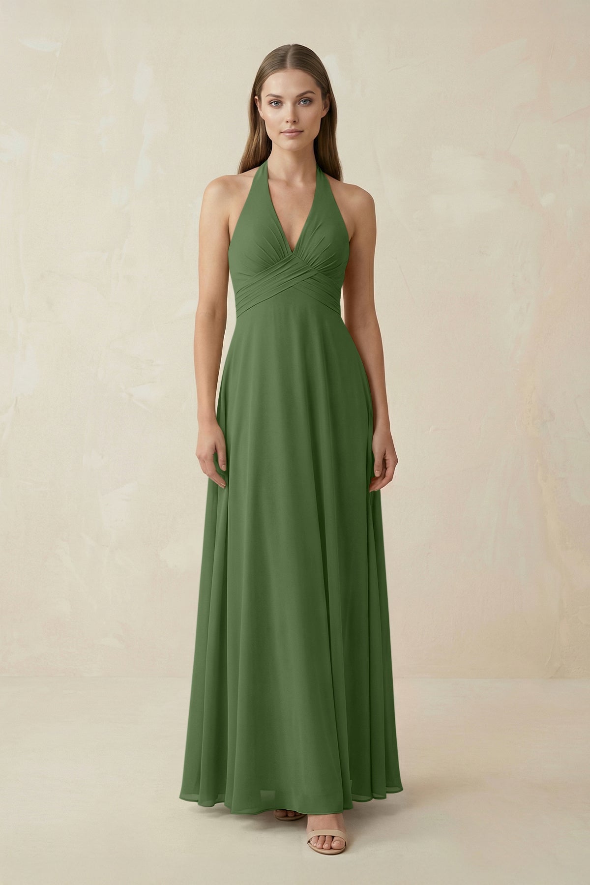A-Line Pleated Chiffon V-Neck Bridesmaid Dress in Moss