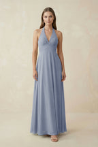 A-Line Pleated Chiffon V-Neck Bridesmaid Dress in Twilight