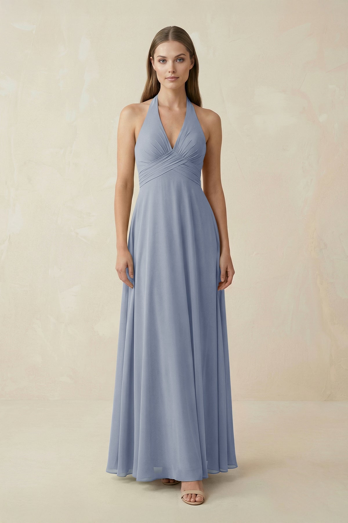 A-Line Pleated Chiffon V-Neck Bridesmaid Dress in Twilight