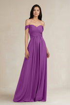 A-Line Pleated Off-the-Shoulder Chiffon Bridesmaid Dress in Amethyst