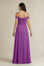A-Line Pleated Off-the-Shoulder Chiffon Bridesmaid Dress in Amethyst