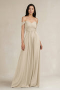 A-Line Pleated Off-the-Shoulder Chiffon Bridesmaid Dress in Champagne