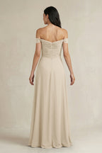 A-Line Pleated Off-the-Shoulder Chiffon Bridesmaid Dress in Champagne
