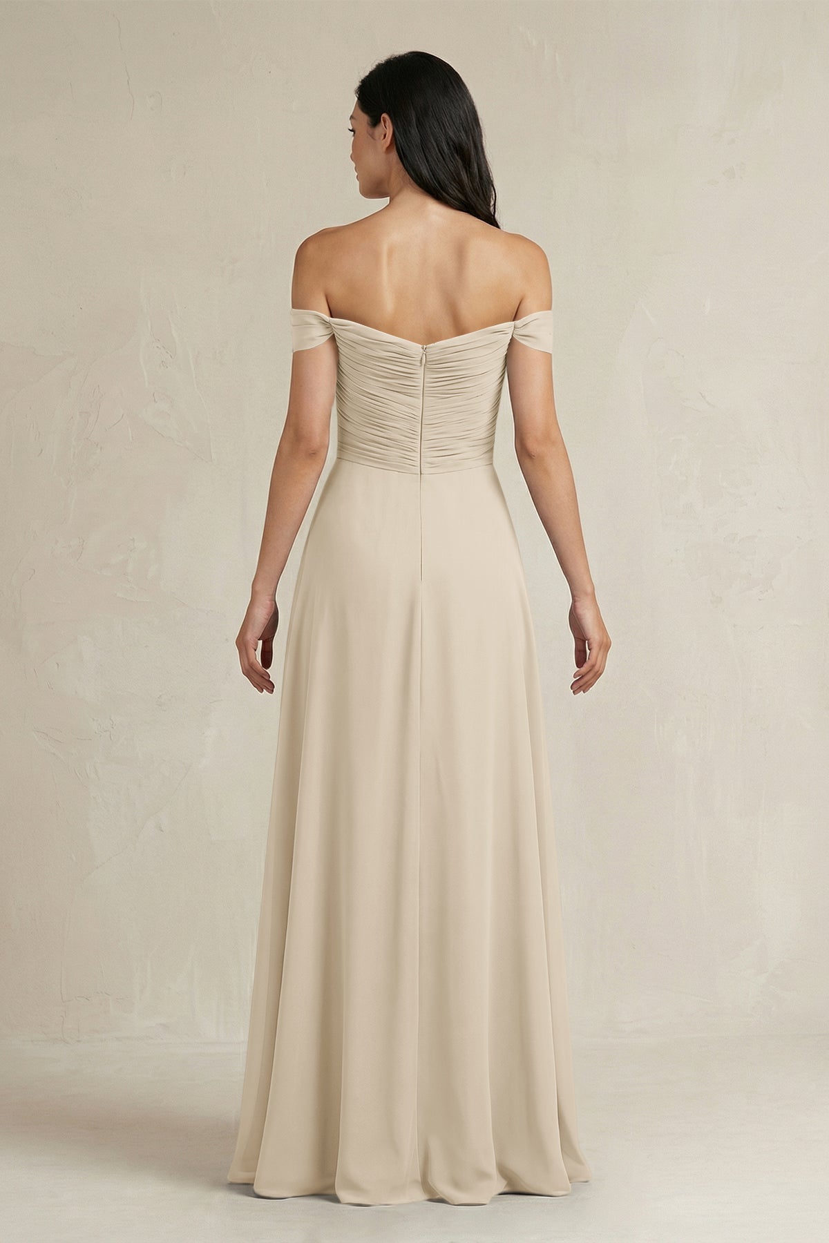 A-Line Pleated Off-the-Shoulder Chiffon Bridesmaid Dress in Champagne