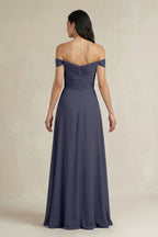 A-Line Pleated Off-the-Shoulder Chiffon Bridesmaid Dress in Dusk Blue