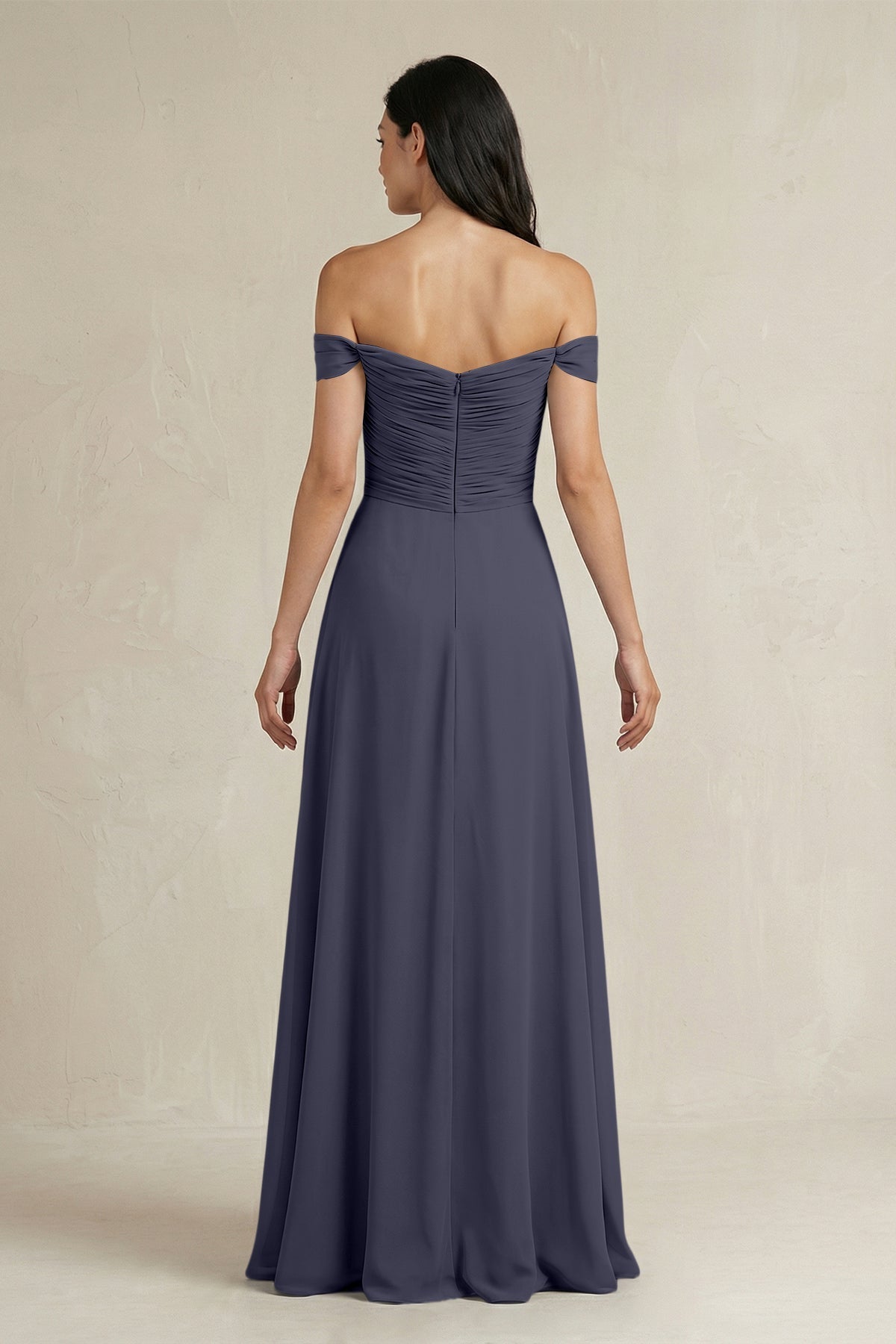 A-Line Pleated Off-the-Shoulder Chiffon Bridesmaid Dress in Dusk Blue