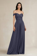 A-Line Pleated Off-the-Shoulder Chiffon Bridesmaid Dress in Dusk Blue