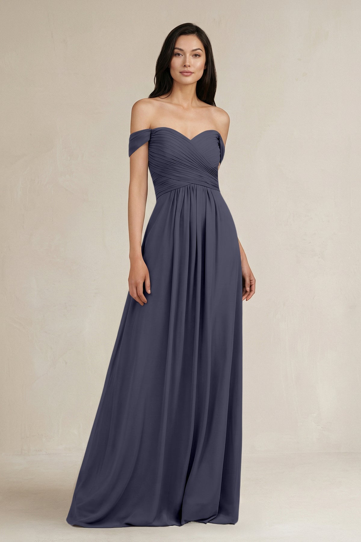 A-Line Pleated Off-the-Shoulder Chiffon Bridesmaid Dress in Dusk Blue