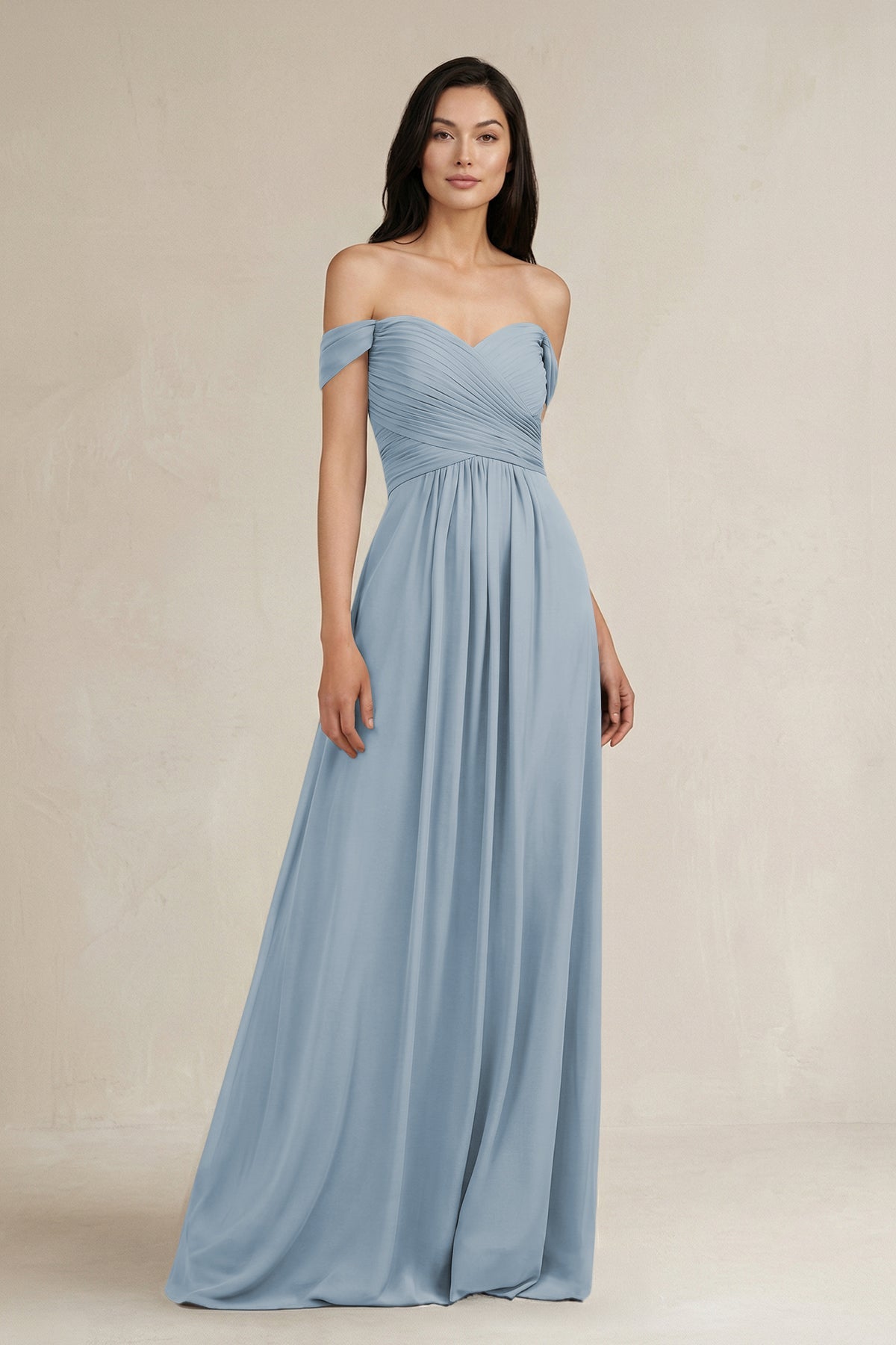 A-Line Pleated Off-the-Shoulder Chiffon Bridesmaid Dress in Dusty Blue