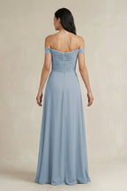 A-Line Pleated Off-the-Shoulder Chiffon Bridesmaid Dress in Dusty Blue