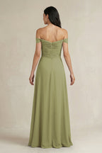 A-Line Pleated Off-the-Shoulder Chiffon Bridesmaid Dress in Moss Green