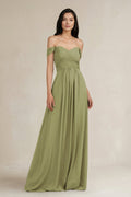 A-Line Pleated Off-the-Shoulder Chiffon Bridesmaid Dress in Moss Green