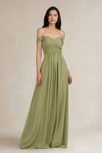 A-Line Pleated Off-the-Shoulder Chiffon Bridesmaid Dress in Moss Green