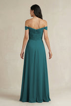 A-Line Pleated Off-the-Shoulder Chiffon Bridesmaid Dress in Pine