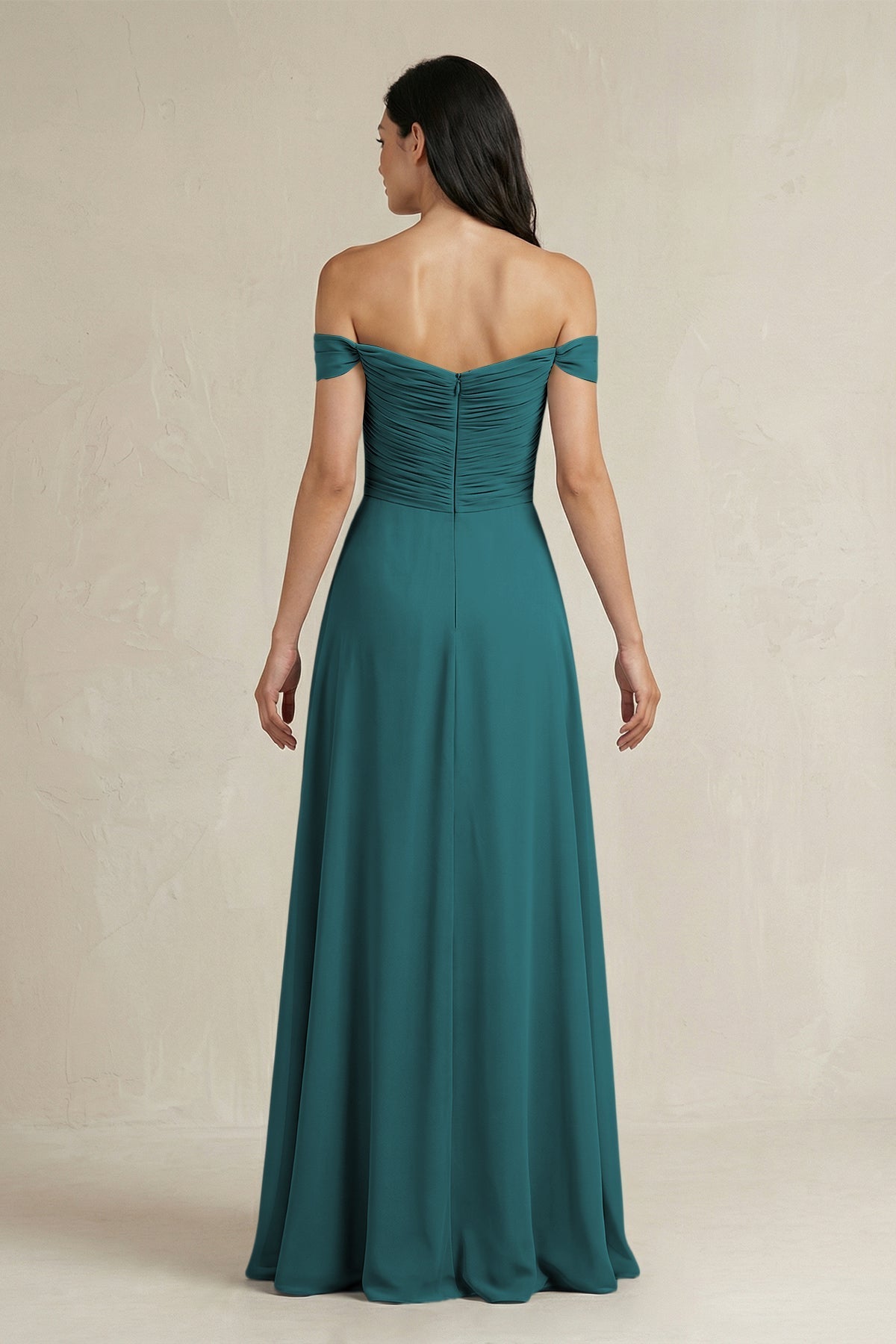 A-Line Pleated Off-the-Shoulder Chiffon Bridesmaid Dress in Pine