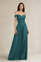 A-Line Pleated Off-the-Shoulder Chiffon Bridesmaid Dress in Pine