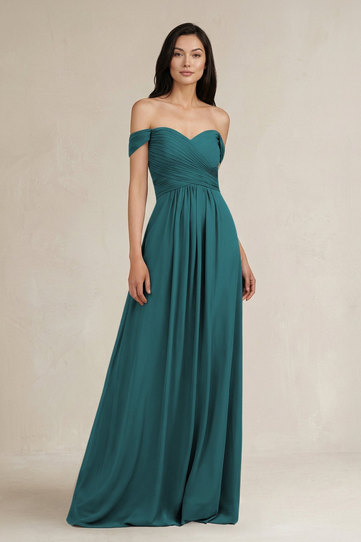 A-Line Pleated Off-the-Shoulder Chiffon Bridesmaid Dress in Pine