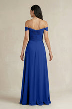 A-Line Pleated Off-the-Shoulder Chiffon Bridesmaid Dress in Royal Blue