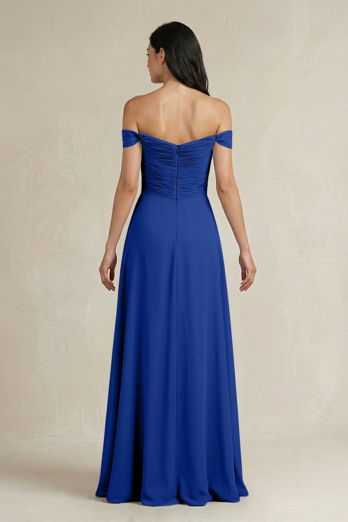 A-Line Pleated Off-the-Shoulder Chiffon Bridesmaid Dress in Royal Blue