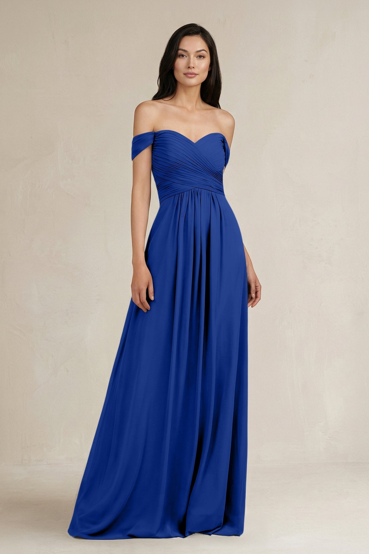 A-Line Pleated Off-the-Shoulder Chiffon Bridesmaid Dress in Royal Blue
