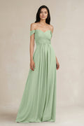 A-Line Pleated Off-the-Shoulder Chiffon Bridesmaid Dress in Sage