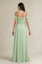 A-Line Pleated Off-the-Shoulder Chiffon Bridesmaid Dress in Sage