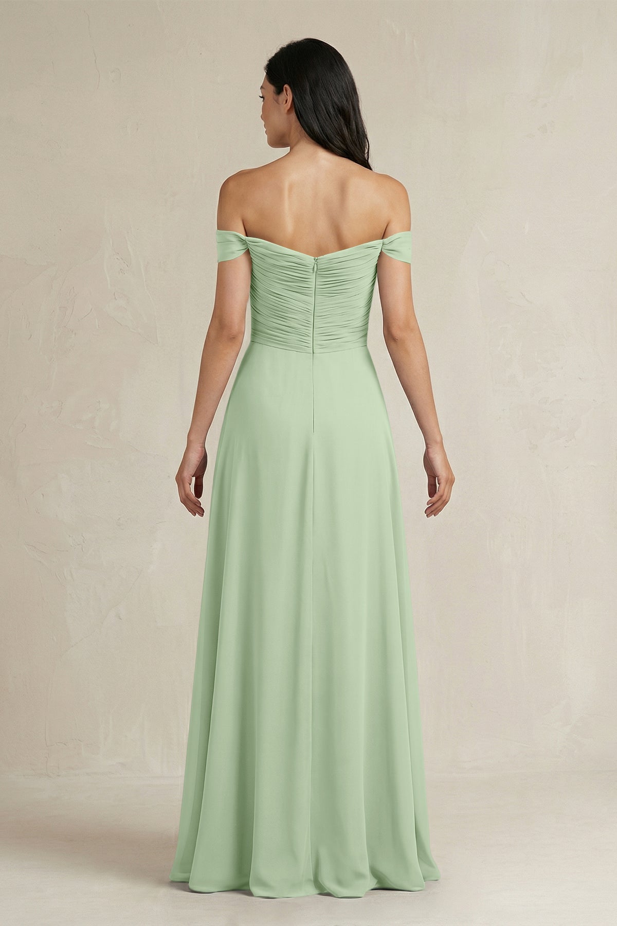 A-Line Pleated Off-the-Shoulder Chiffon Bridesmaid Dress in Sage