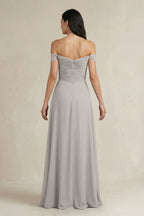 A-Line Pleated Off-the-Shoulder Chiffon Bridesmaid Dress in Silver