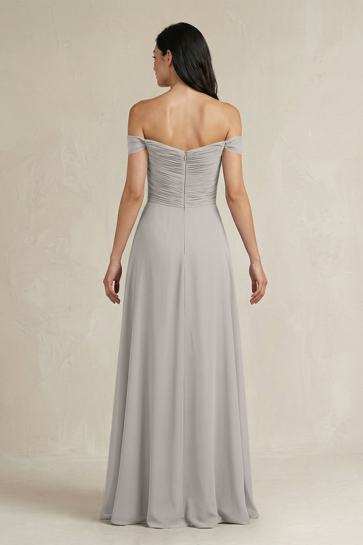 A-Line Pleated Off-the-Shoulder Chiffon Bridesmaid Dress in Silver