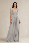 A-Line Pleated Off-the-Shoulder Chiffon Bridesmaid Dress in Silver