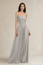 A-Line Pleated Off-the-Shoulder Chiffon Bridesmaid Dress in Silver