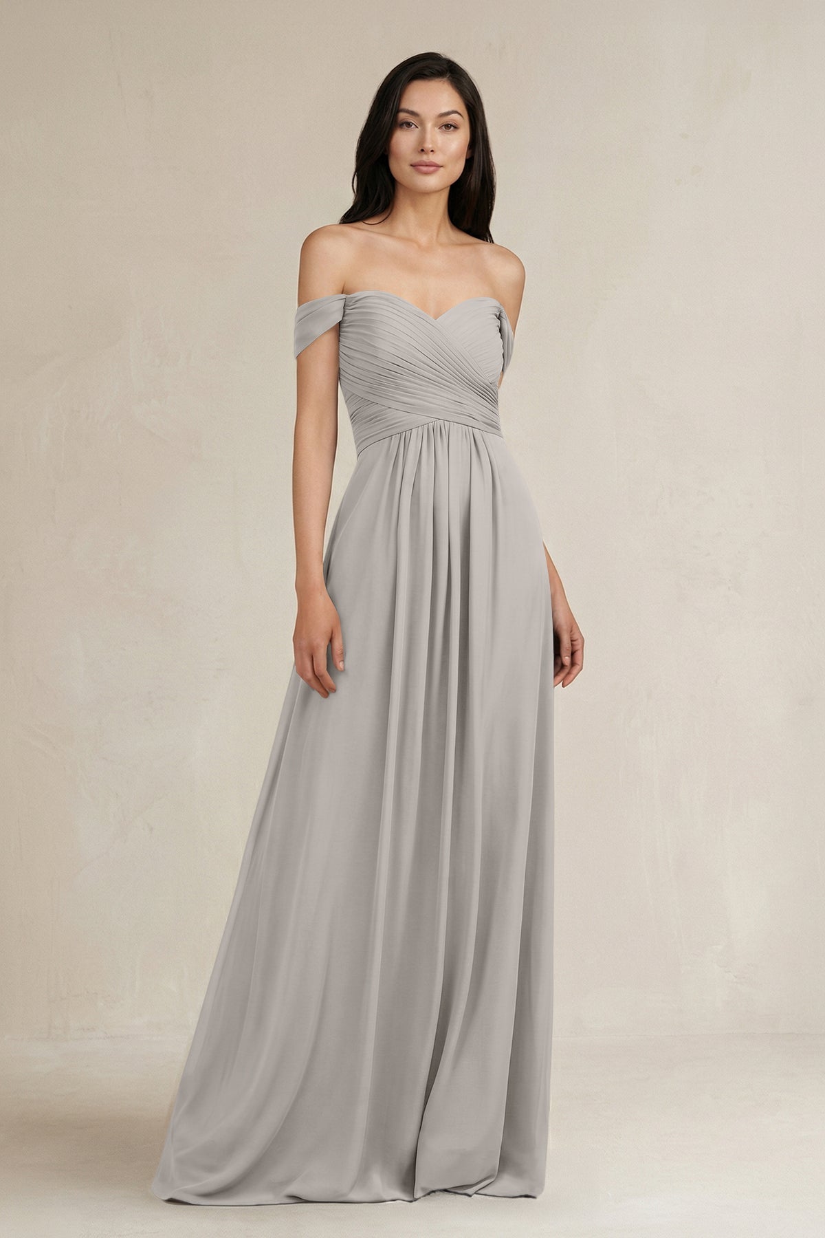 A-Line Pleated Off-the-Shoulder Chiffon Bridesmaid Dress in Silver