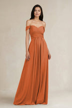 A-Line Pleated Off-the-Shoulder Chiffon Bridesmaid Dress in Terracotta