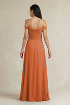 A-Line Pleated Off-the-Shoulder Chiffon Bridesmaid Dress in Terracotta