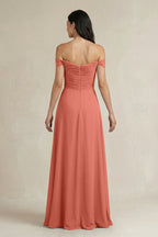 A-Line Pleated Off-the-Shoulder Chiffon Bridesmaid Dress in Wild Rose
