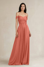 A-Line Pleated Off-the-Shoulder Chiffon Bridesmaid Dress in Wild Rose